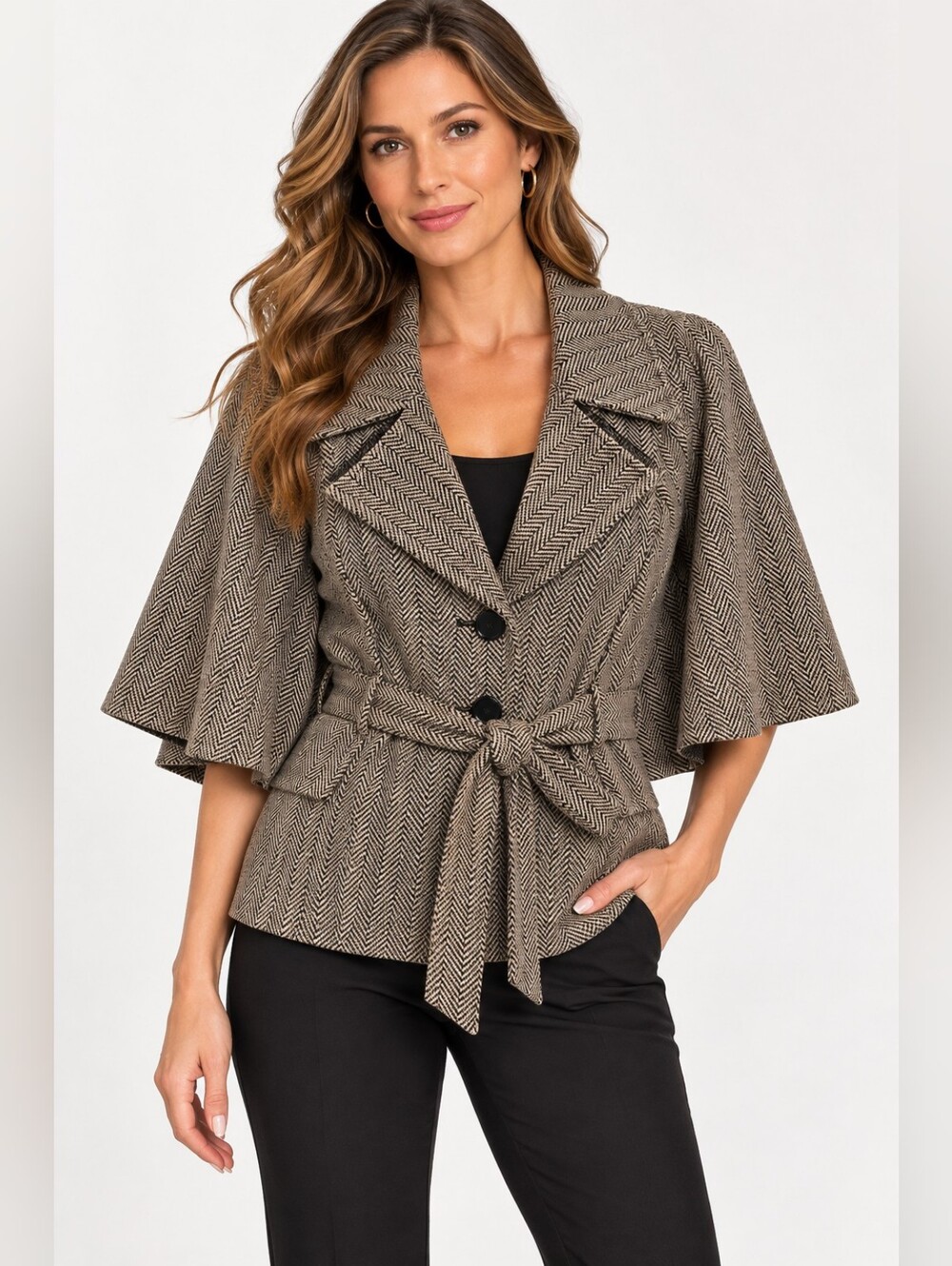 Nine West Herringbone Belted Cape Blazer Jacket Sz 12 Quiet Luxury Fall Layering
